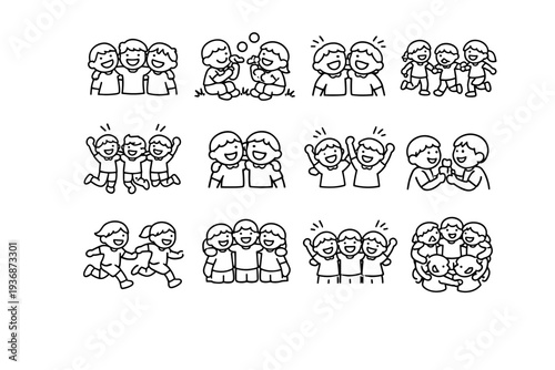 Happy Childhood. Line icon set of Happy Childhood: laughing kids group, joyful childhood moment, kids carefree laugh, children playing together, kids joyful