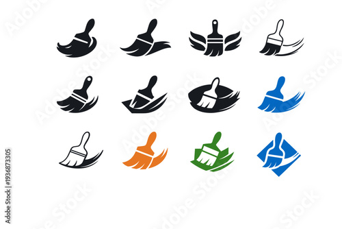 Brush. Icon set. Set Logo of Brush: brush stroke. harmonious logo variations of the same emblematic concept, each with different artistic interpretation