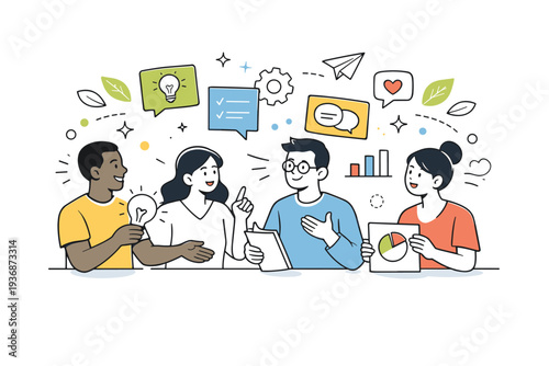 Collaborative human activities (bright spring teamwork). A diverse team exchanging ideas around floating cards and icons, with spring leaves and light shapes