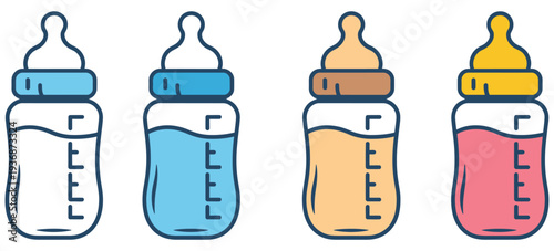 Baby feeding bottles with colorful liquids for newborn care, infant nutrition container set, milk formula juice and water feeding