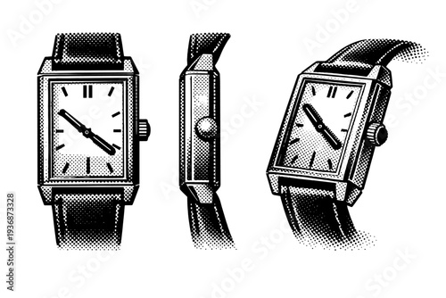 Rectangular wristwatch A rectangular-case wristwatch depicted as one object, shown from front, side, and angled views emphasizing geometric case shape and