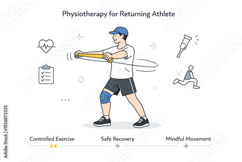 Physiotherapy for returning athlete. Person using resistance bands for controlled exercises, mindful posture and slow repetition, safe recovery routine.