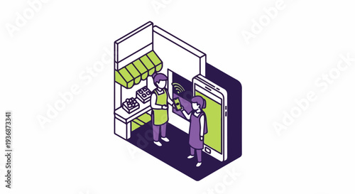Isometric illustration of a small shop with two people interacting with a large smartphone screen in a modern retail setting.