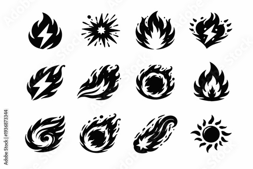 Passion Energy. Solid icon set of Passion Energy: energy flame, power spark, heat burst, fire pulse, passion lightning, flame wave, hot core, ignition symbol,