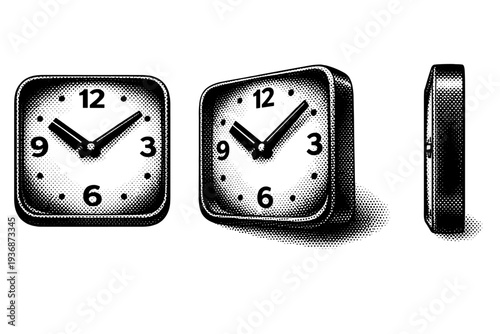 Wall clock analog ? square wall clock with rounded corners and recessed dial, displayed in frontal view, angled perspective, and side view to emphasize depth.