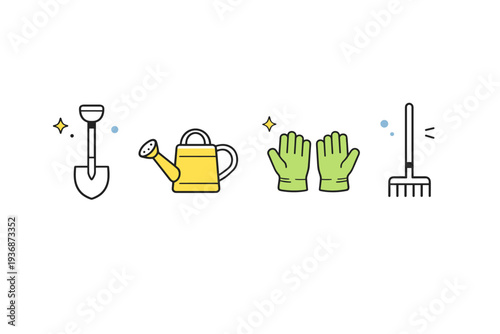 Gardening tools icons. A simple scene showing minimal icons of shovel, watering can, gloves and rake placed with generous spacing. Feeling of readiness and