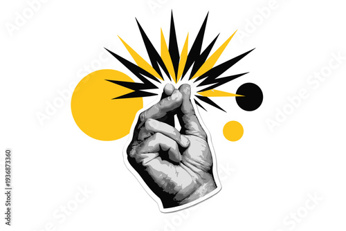 Black and white finger snapping idea moment illustration, realistic retro hand snapping fingers as central photo cut-out with white outline, abstract circles