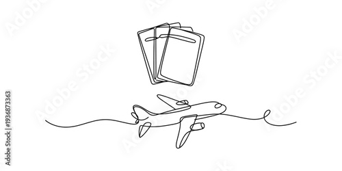 Airplane and Suitcases, Continuous Line Drawing Art, Travel Concept, Business Trip