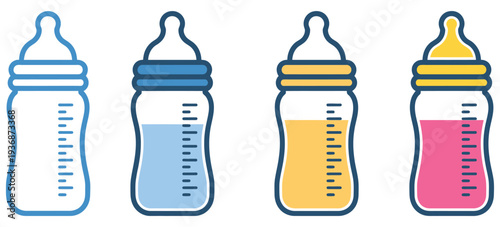 Baby feeding bottles with different liquids for newborn care, realistic infant nutrition containers collection, milk formula juice and water bottles set,