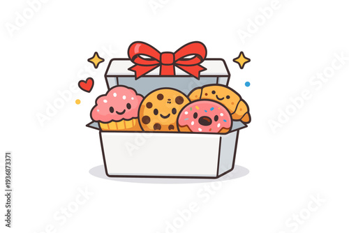 Cute bakery products for gifting occasions shown through a small pastry box tied with a ribbon and cheerful baked goods peeking out, communicating surprise and