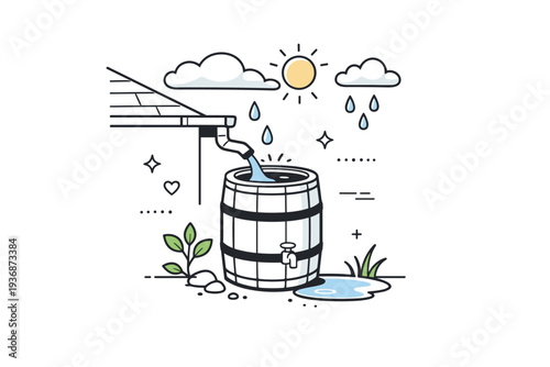 Rainwater collection. A small rain barrel collecting water from a roof with soft clouds above, peaceful environmental scene. Natural cycle and gentle