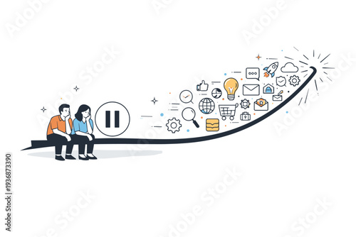 Accelerated change awareness. A timeline bending forward with icons multiplying toward the future end, while a pause symbol creates a moment of reflection. The