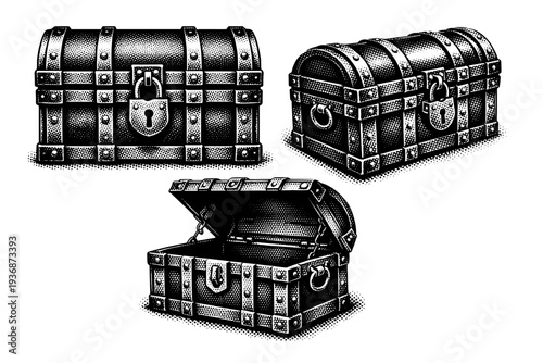 Metal-bound treasure chest. A metal-bound treasure chest shown as one object in three different views highlighting heavy bands, lock mechanism, and dense