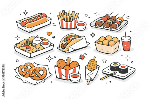 Street snacks variety. Different street food items displayed on trays and paper wrappers, neatly arranged composition. The mood is inviting, colorful, and