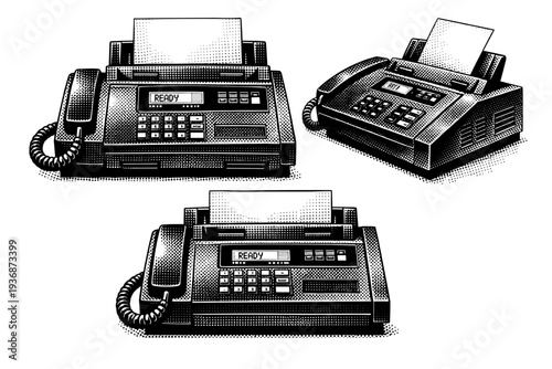 Fax machine ? early digital fax terminal. A realistic early digital fax machine presented as a single object in three views highlighting boxy geometry, display