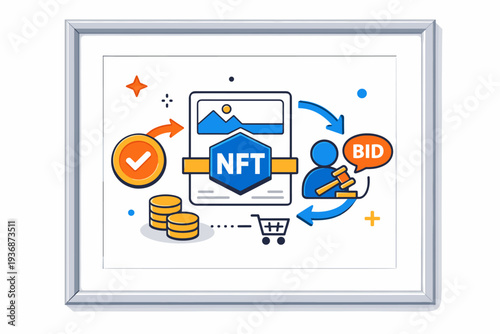 NFT digital art token for marketplace exchange shown as a framed artwork with subtle arrows and bid icons, conveying trading, ownership transfer, and digital