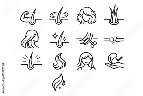Healthy Hair Results. Line icon set of Healthy Hair Results: strong hair strand, smooth hair, volume hair, thick hair, long hair, glossy shine, healthy ends,