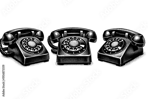 Rotary Phone ? classic desk telephone. A classic rotary desk telephone with circular dial, handset, and solid base, shown as the same phone presented in three