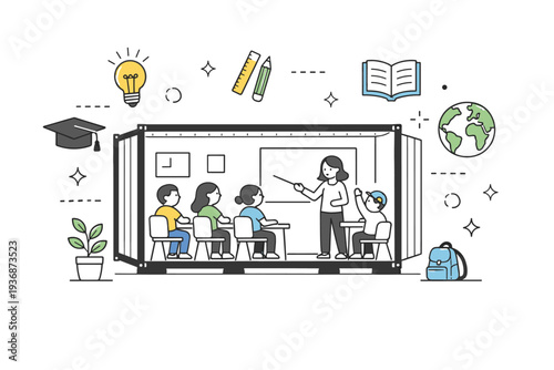 Container classroom. A shipping container creatively reused as a learning space with students and teacher, abstract floating educational icons and stars