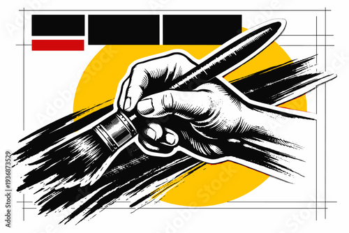 Black and white close-up of a hand holding a paintbrush across the center like a cover focal point, heavy ink brush strokes sweeping diagonally, large yellow