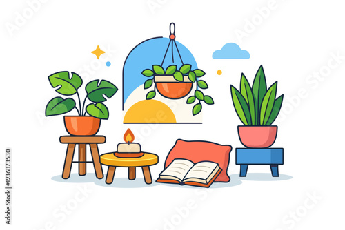 Biophilic interior mood shown through decorative houseplants combined with soft geometric elements, communicating relaxation wellbeing and connection to nature