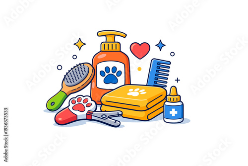 Pet care products presented through a clean and friendly scene where essential grooming items form a reassuring visual metaphor of everyday care and