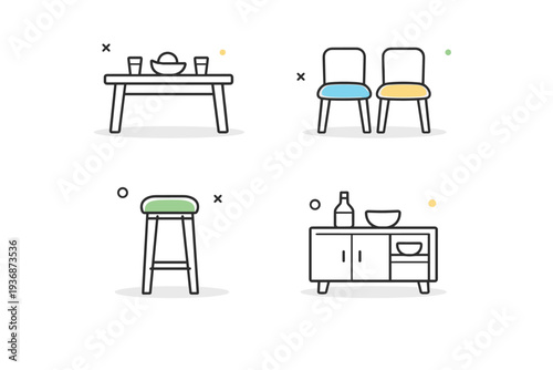 Dining furniture icons. Dining table, chairs, bar stool, cabinet presented as cohesive mini icons. The scene suggests shared meals, simplicity, and functional