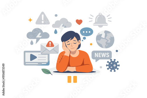 Disaster fatigue syndrome reflected through a calm human figure surrounded by muted alert icons and soft fading news symbols expressing emotional overload and