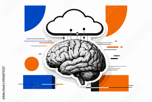 Black and white realistic human brain combined with a simplified cloud shape hovering above it, subtle connection lines linking the two, bold cobalt blue and