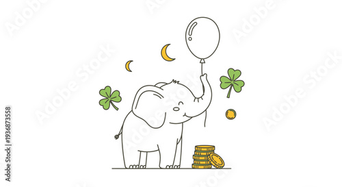 Elephant Holding Balloon with Coins and Clover Celebrating