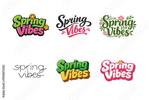 Spring Vibes. Set lettering. harmonious lettering variations of the same emblematic concept, each with different artistic interpretation (Funky cartoon-style