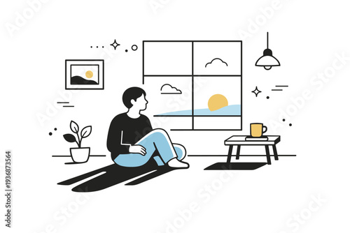 Late afternoon stillness. Quiet interior with long shadows stretching across the floor, a person sitting calmly near a window. Slow time and gentle pause