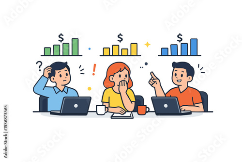 Pay band leaks employee reaction shown as colleagues comparing pay bars above their desks, symbolizing awareness, comparison and shifting morale. Minimalist