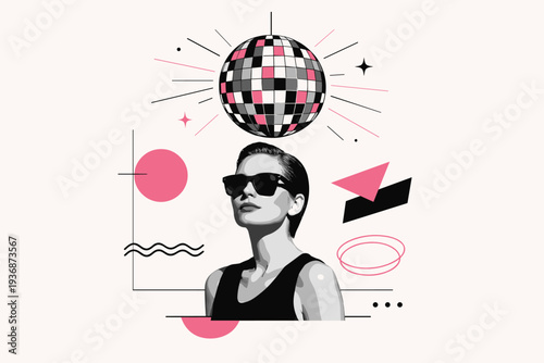 A conceptual party lifestyle poster featuring a black and white figure wearing sunglasses under an abstract disco ball, surrounded by minimal geometric shapes