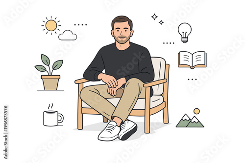 Real people realism aesthetics. A portrait-style scene shows a person seated comfortably, neutral expression and natural gestures emphasizing calm presence.