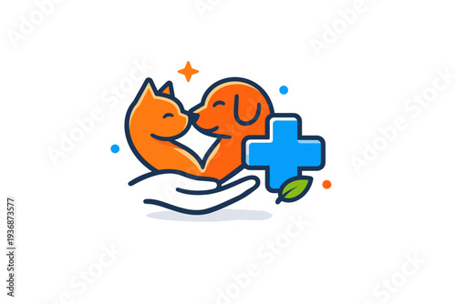 Vet clinic icons presenting a caring medical moment where a gentle pet symbol and a medical cross communicate trust, compassion and professional animal care.