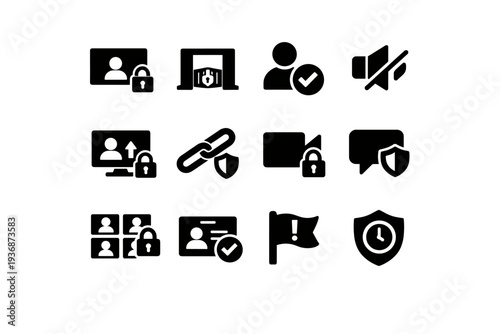 Online Classroom Security. Solid icon set of online classroom security: secure video meeting lock, waiting room gate, participant approval check, mute all