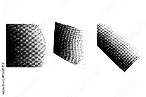 Newspaper halftone dot transition background. A single newspaper halftone dot transition background shown in three views: straight view, tilted view, and