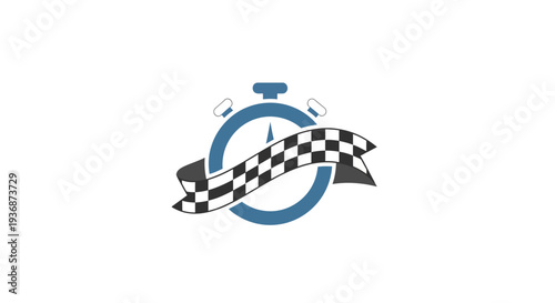 Blue stopwatch with checkered flag ribbon.