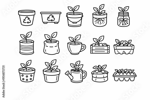 Reused plant containers. Line icon set of reused plant containers: reused pot, recycled plastic planter, metal bucket planter, glass jar planter, tin can pot,