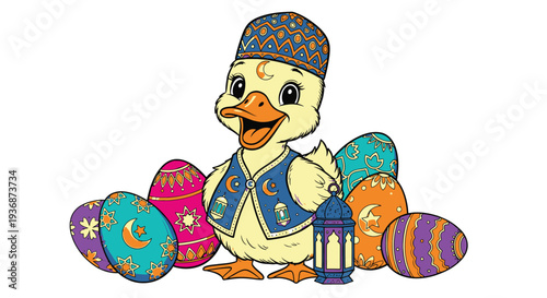 Chick Easter Duckling with colorful Easter eggs and lantern