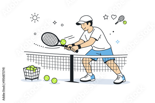 Tennis season opening drills ? volley and net control. A friendly scene with a player practicing soft volleys near the net, controlled posture and short