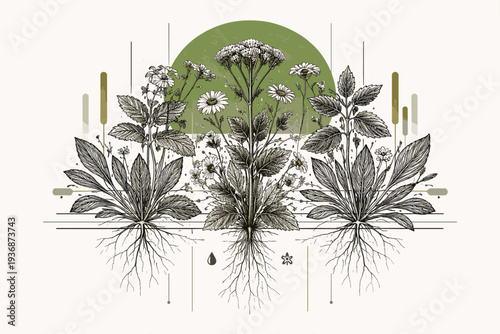 High-contrast black and white engraved wild herbs arranged symmetrically, vibrant forest green semicircle cropped behind the upper leaves, structured thin