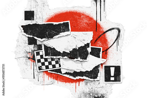 Realistic black and white concrete wall texture with overlapping poster scraps and subtle graffiti marks, large red circle sprayed behind the layered paper