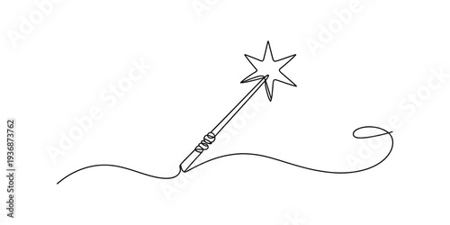 One Line Drawing of a Magic Wand with Sparkle Star, Continuous Line Art