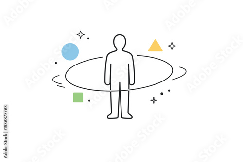 People centered minimalism in abstract environment. A central human figure with minimal geometric elements lightly orbiting or floating nearby. Visual metaphor