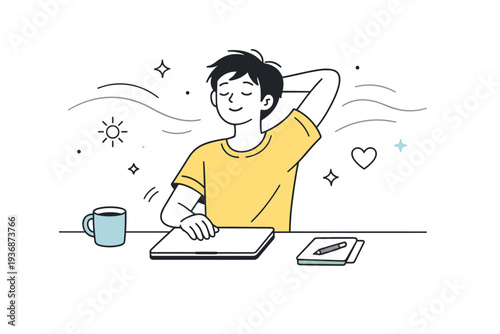 Mental energy management. A character closes a laptop and stretches lightly, symbolizing a conscious break to restore focus. The scene feels quiet