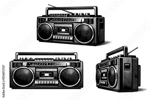 Cassette player ? boombox-style cassette deck with integrated speaker grille and top handle. Black and white dot style with halftone texture and high contrast.