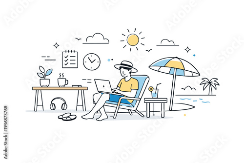 Flexible summer work schedules. Individual working remotely in a relaxed summer setting, light desk setup and open airy space. Productivity blended with