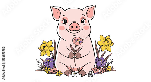 Young Piglet Surrounded by Spring Flowers